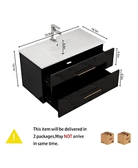Sillysis Wall Mounted Bathroom Vanity with Ceramic Sink, Double Drawers, Modern Glossy Cabinet for Small Spaces