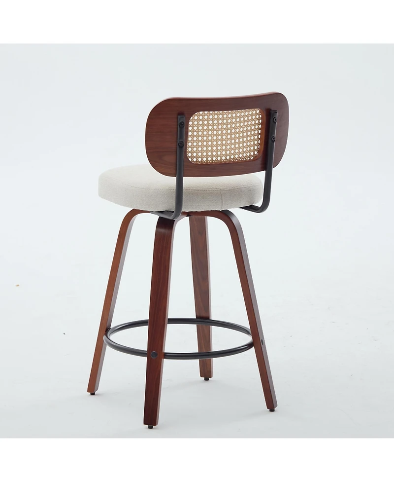 Flynama 26 Inch Set of 3 Counter Height Swivel Bar Stools with Rattan Cane Back and Linen