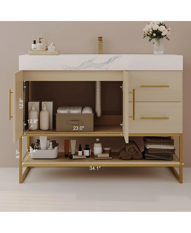 Sillysis 36 Inch Freestanding Bathroom Vanity, Sintered Stone Top, Seamless Ceramic Sink, Gold Steel Frame, 2 Drawers Open Shelf Storage