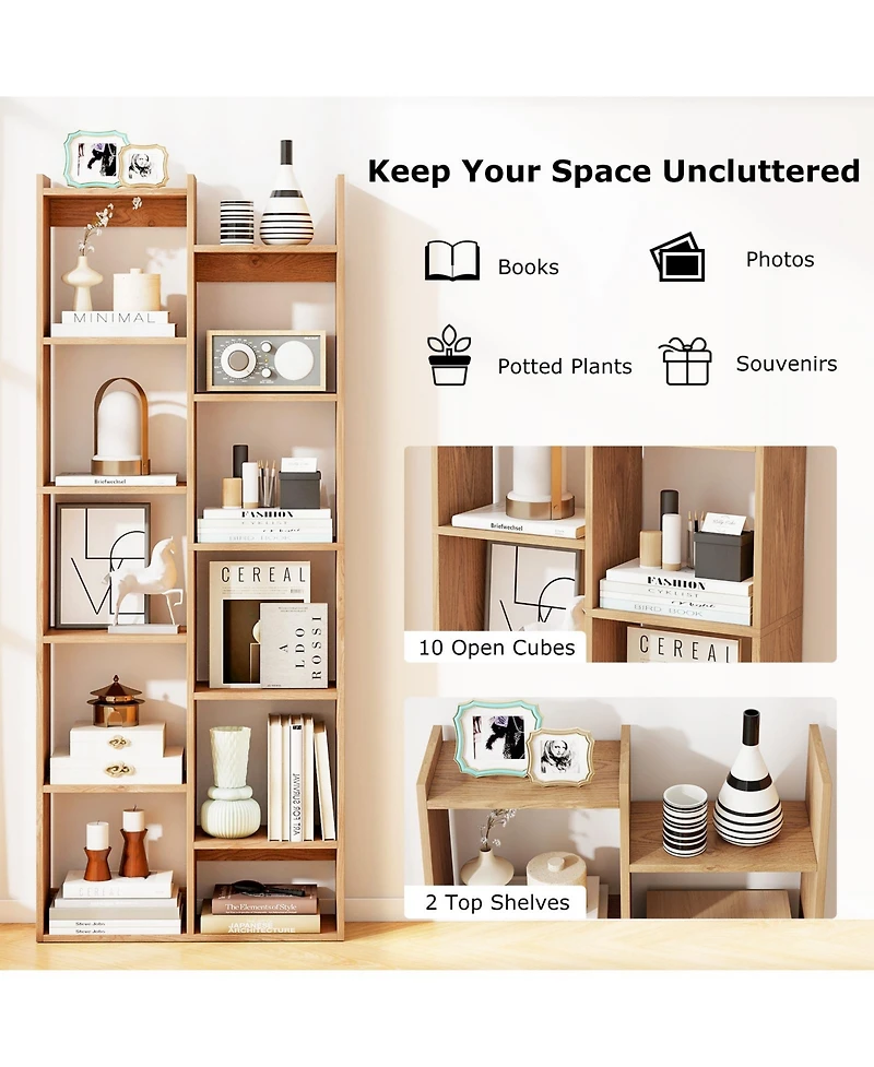 Gymax 11 Tier Bookcase with Anti Tipping Kits Wood Display Shelf Tree Shaped Bookshelf