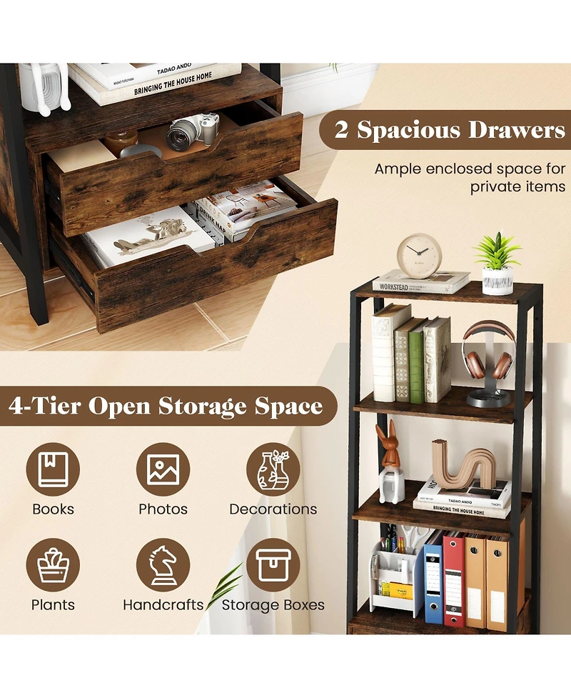 Gymax 4 tier Bookshelf with 2 Storage Drawers Sturdy Metal Frame Anti Toppling Devices