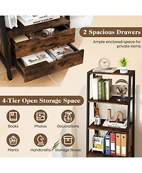 Gymax 4 tier Bookshelf with 2 Storage Drawers Sturdy Metal Frame Anti Toppling Devices