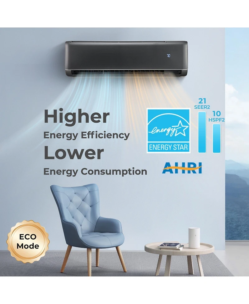 Ecooso Energy Star Certified 24000 Btu 21 SEER2 208-230V Mini Split Air Conditioner and Heater Gray Wifi Enabled