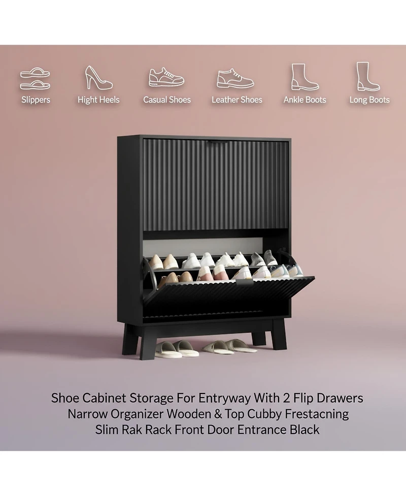 Yigii Fluted Shoe Cabinet 4 Flip Drawers Slim Entryway Storage Organizer
