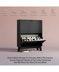 Yigii Fluted Shoe Cabinet 4 Flip Drawers Slim Entryway Storage Organizer
