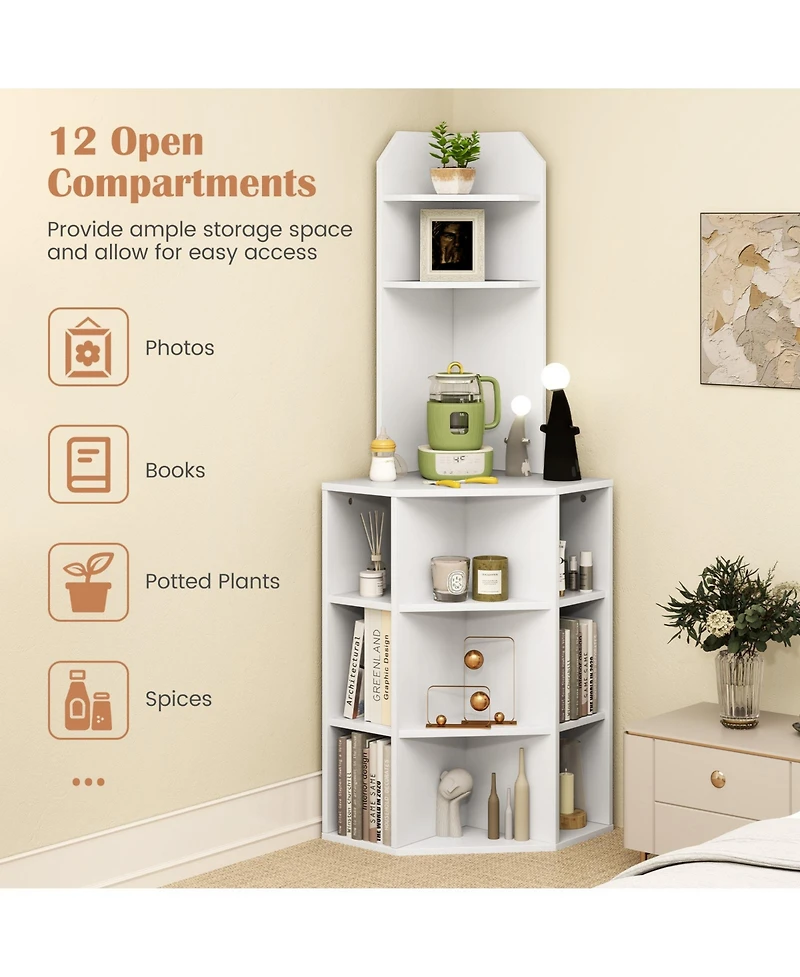 Gymax Set Of 2 6 Tier Corner Shelf 63 Inch Tall Corner Bookshelf with 2 Usb Ports and Charging