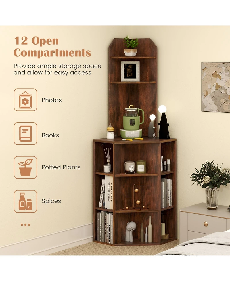 Gymax Set Of 2 6 Tier Corner Shelf 63 Inch Tall Bookshelf with Usb Ports and Charging