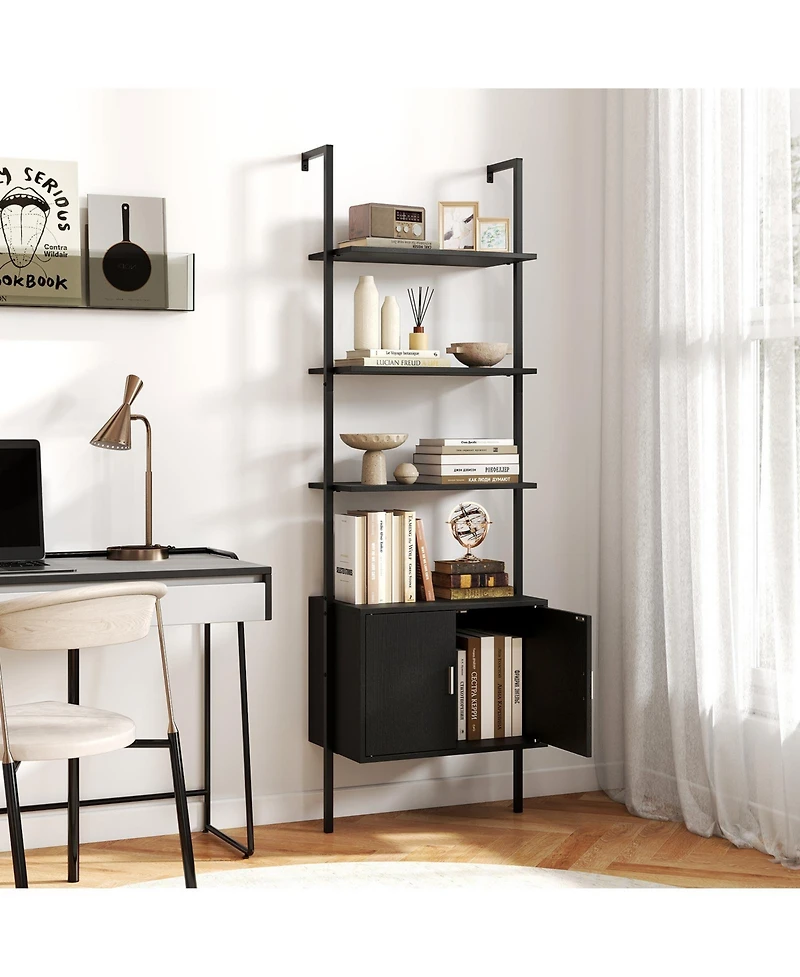 Gymax 72.5 Inch Tall Bookshelf 5 Tier Wall Mount Ladder Bookcase with Cabinet