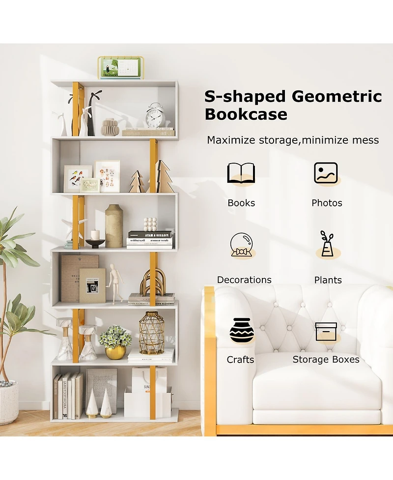 Gymax 6 Tier Geometric Bookcase 74.5-Inch S Shaped Bookshelf with Metal Frame