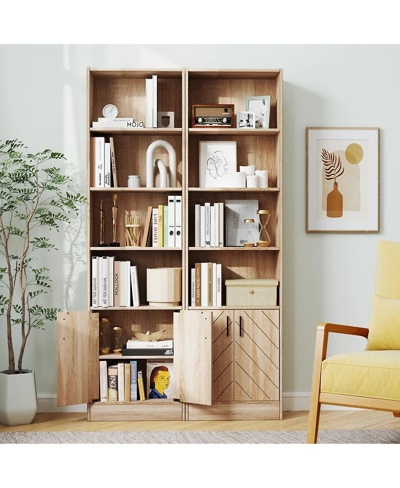 Gymax 2 Pieces 71 Inch Bookshelf with 2 Door Cabinet 6 Tier Bookcase Tall Storage Cabinet Display Rack