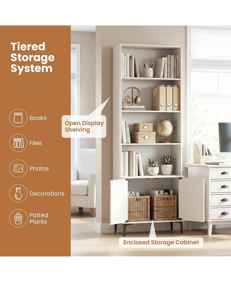 Gymax Bookshelf with Doors 5 Tier Floor Standing Bookcase 2 Anti Tipping Kits
