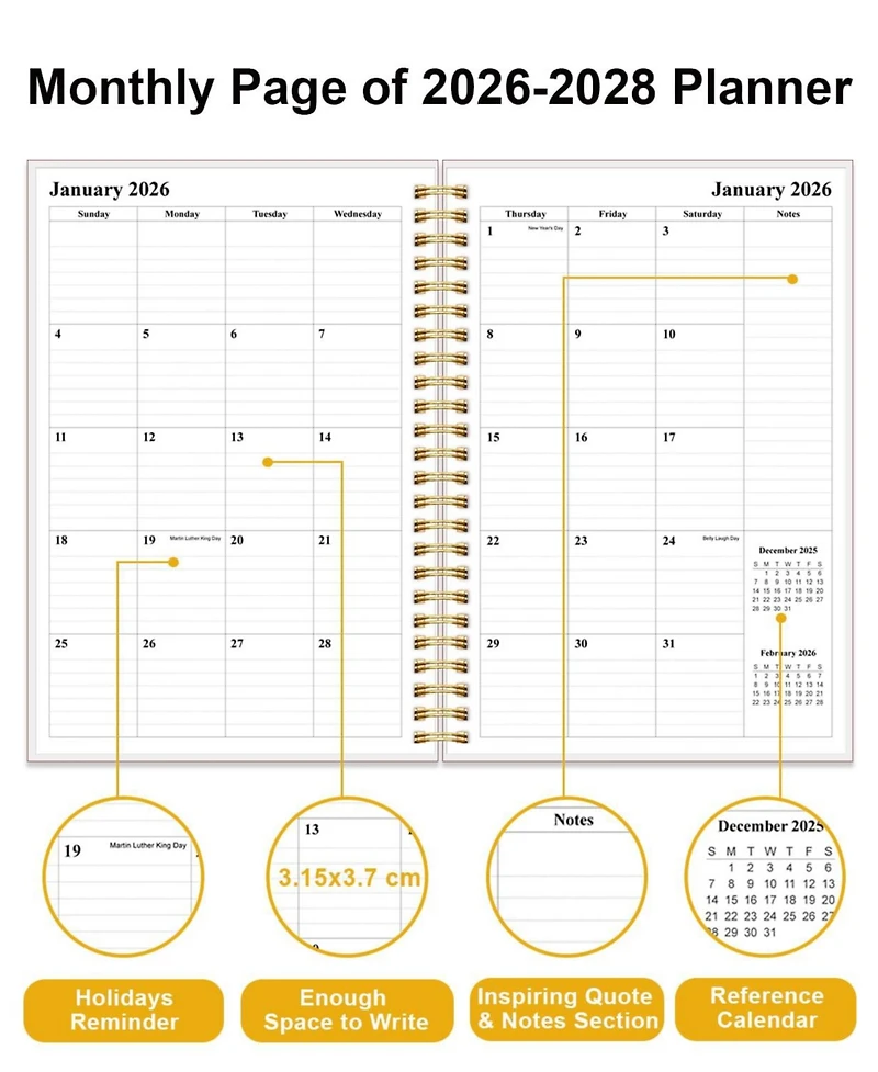 Gnuadz 2026-2028 Monthly Planner 36 Month Calendar Flexible Cover Inner Pocket Home School Office Colorful Large Flower