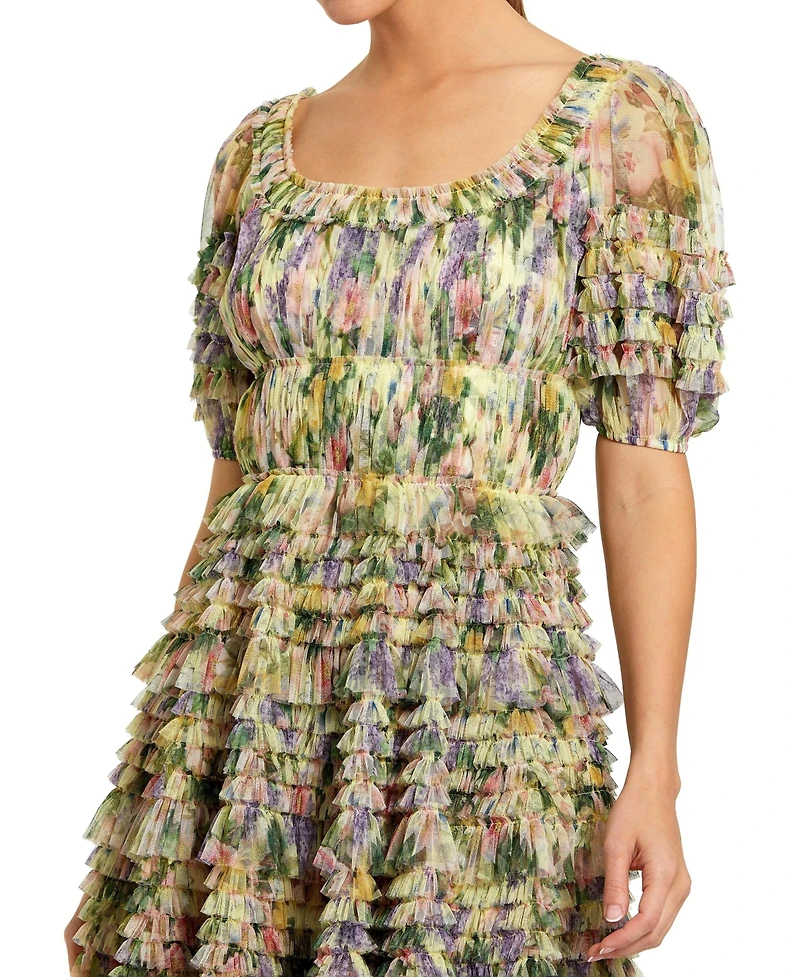 Mac Duggal Women's Floral Mesh Puff Sleeve Ruffle Mini Dress