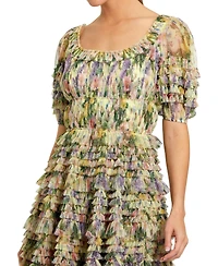 Mac Duggal Women's Floral Mesh Puff Sleeve Ruffle Mini Dress