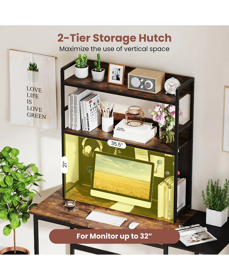 Gymax 2 Tier Countertop Desktop Bookshelf with Metal Pegboard 2 Anti Tipping Devices