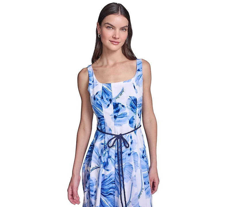 Karl Lagerfeld Paris Women's Floral Fit & Flare Belted Midi Dress