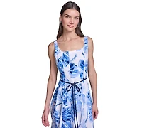 Karl Lagerfeld Paris Women's Floral Fit & Flare Belted Midi Dress