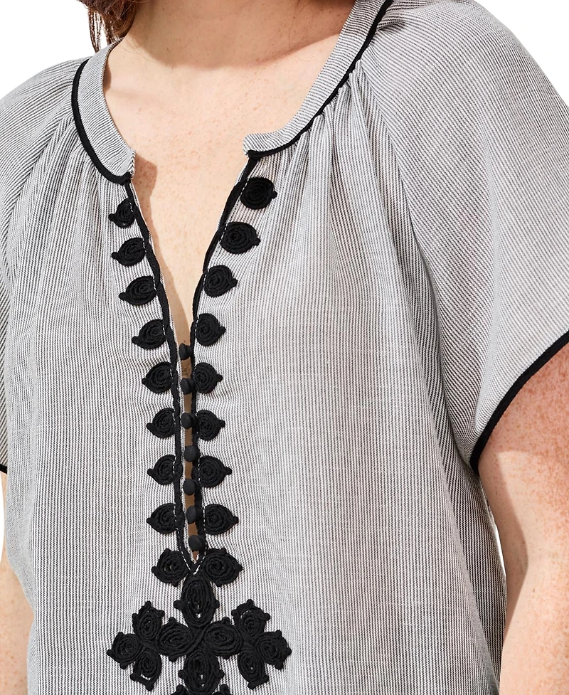 Tribal Women's Stripe Textured Short-Sleeve Top with Tape Detail