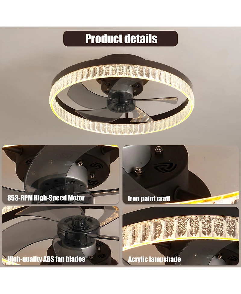 Clihome 20 inch Ceiling Fan with Led Light, Modern Flush Mount Fan Light with Crystal Ring Design