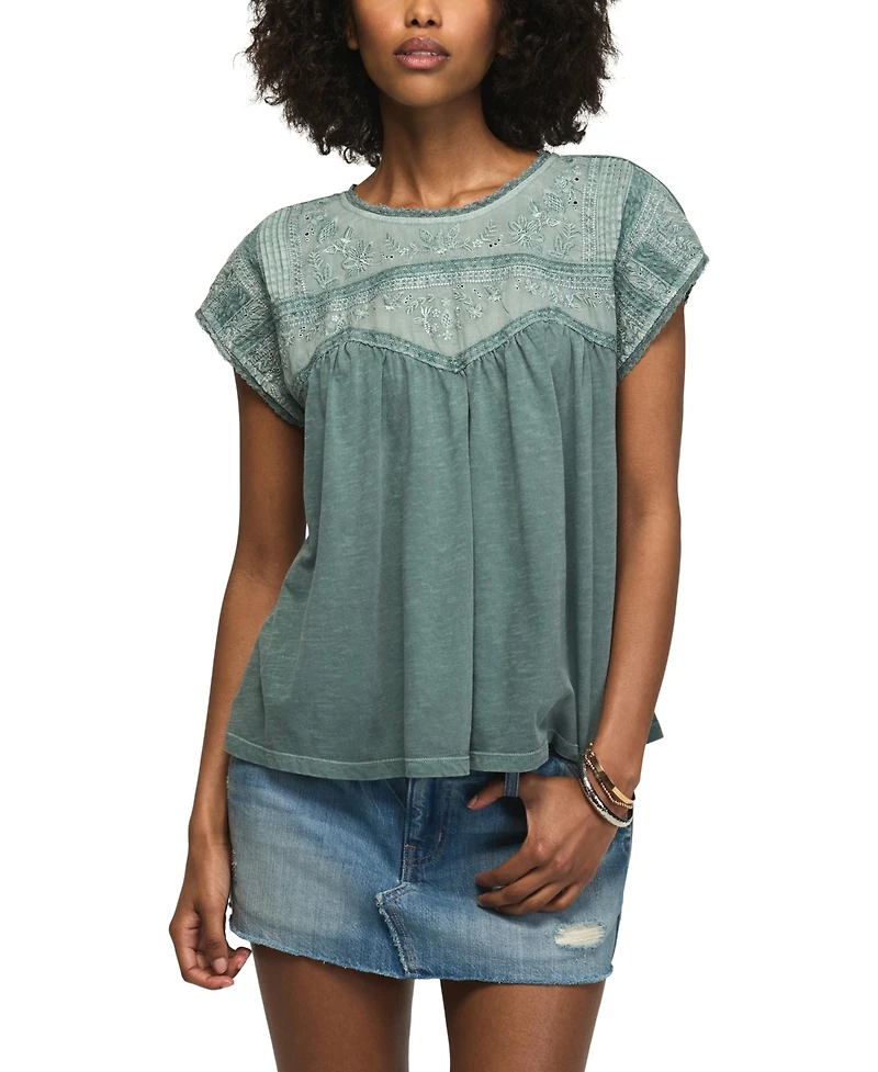 Lucky Brand Women's Embroidered Yoke Cotton Top