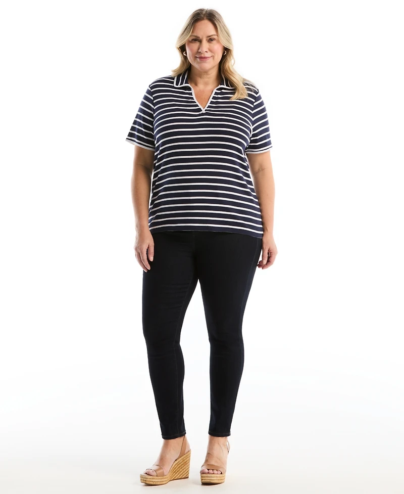 Rafaella Plus Striped Contrast Trim Johnny Collar Short Sleeve Polo Shirt