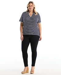 Rafaella Plus Striped Contrast Trim Johnny Collar Short Sleeve Polo Shirt
