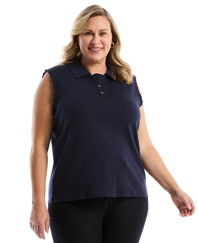 Rafaella Plus Ruffle Trim Sleeveless Polo Shirt