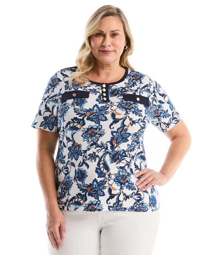 Rafaella Plus Botanical Welt Pocket Button Detail Short Sleeve Top