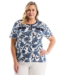 Rafaella Plus Botanical Welt Pocket Button Detail Short Sleeve Top