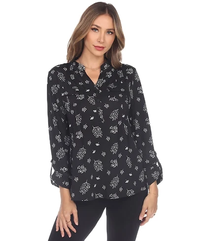 White Mark Women's Printed Long-Sleeve Button-Front Top