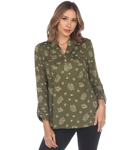 White Mark Women's Printed Long-Sleeve Button-Front Top