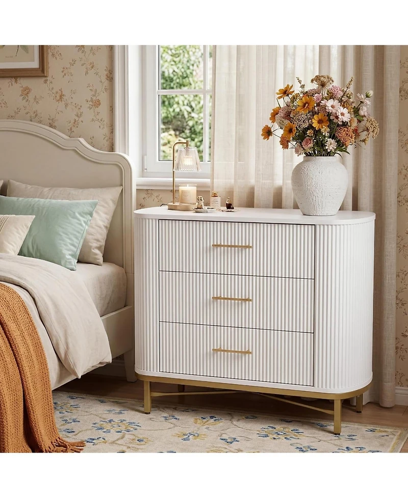Tribesigns Nightstand with 3 Drawers Set of 2, Modern Bedside Table, Fluted Night Stand with Gold Legs