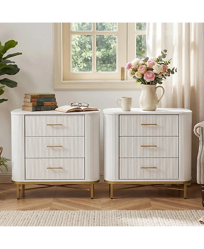 Tribesigns Nightstand with 3 Drawers Set of 2, Modern Bedside Table, Fluted Night Stand with Gold Legs