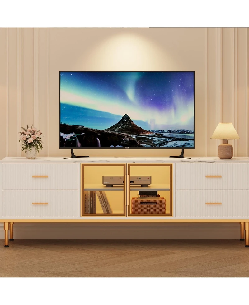 homfan Contemporary Fluted Tv Stand with Adjustable Led Lighting, Drawers and Open Shelves, Reinforced Engineered Wood Metal Legs