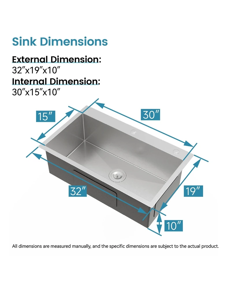 Busdays 32 x 19 Inch Stainless Steel Kitchen Sink Single Bowl Overmount Handmade Brushed Nickel with Us Standard Drain and Hook