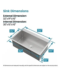 Busdays 32 x 19 Inch Stainless Steel Kitchen Sink Single Bowl Overmount Handmade Brushed Nickel with Us Standard Drain and Hook