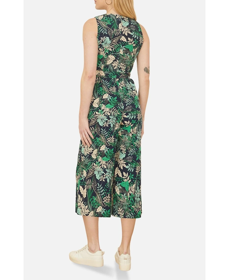 Yumi Women's Sleeveless Leaf Print Culotte Jumpsuit
