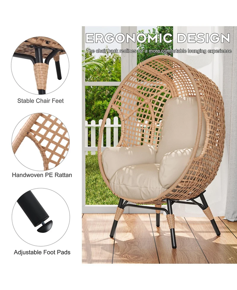 Rainsken Outdoor Wicker Egg Chair with Cushion, Pe Rattan Wicker Lounge Chair, 400lb Capacity, Indoor Patio Egg Chairs, for Bedroom Backyard Balcony