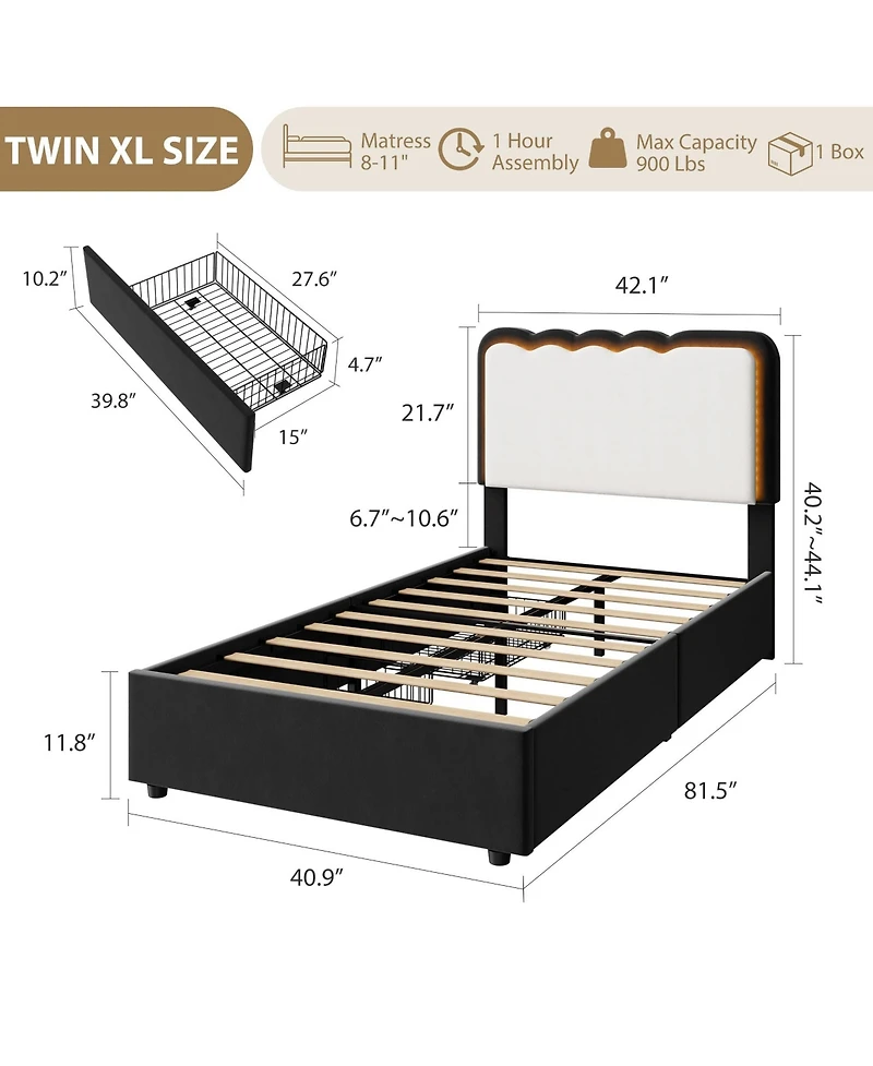 Gaomon Upholstered Bed Frame with Led Lights, Adjustable High Headboard, Large Storage Drawer, No Box Spring Required, Noise-Free