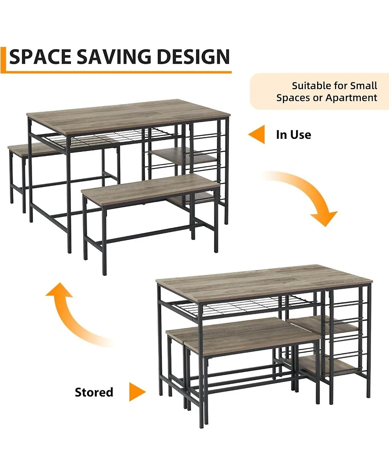 Gaomon 3-Piece Dining Set for 4, Table with 2 Benches, Rack & Storage