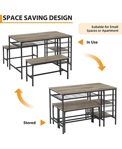 Gaomon 3-Piece Dining Set for 4, Table with 2 Benches, Rack & Storage