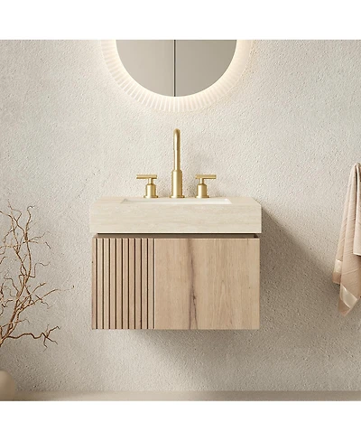 Sillysis Wall Mounted Bathroom Vanity with Sintered Stone Top, Plywood Storage Cabinet and Ceramic Basin, Easy Installation