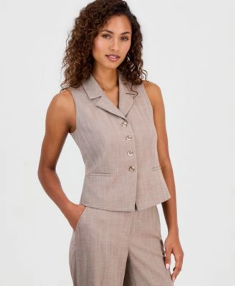 Anne Klein Womens Notched Collar Button Front Vest Cuffed Straight Leg Pants