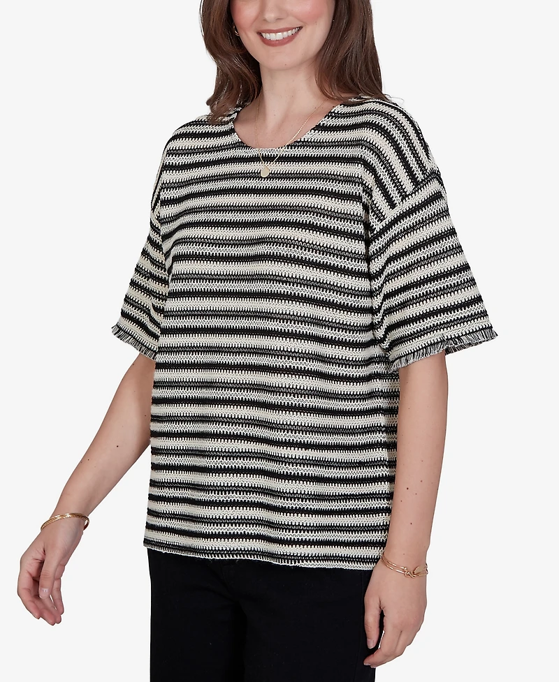 Ruby Rd. Petite Textured Stripe Fringe Sleeve T-Shirt