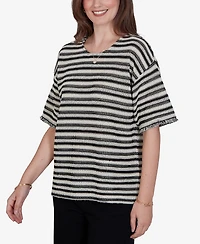 Ruby Rd. Petite Textured Stripe Fringe Sleeve T-Shirt