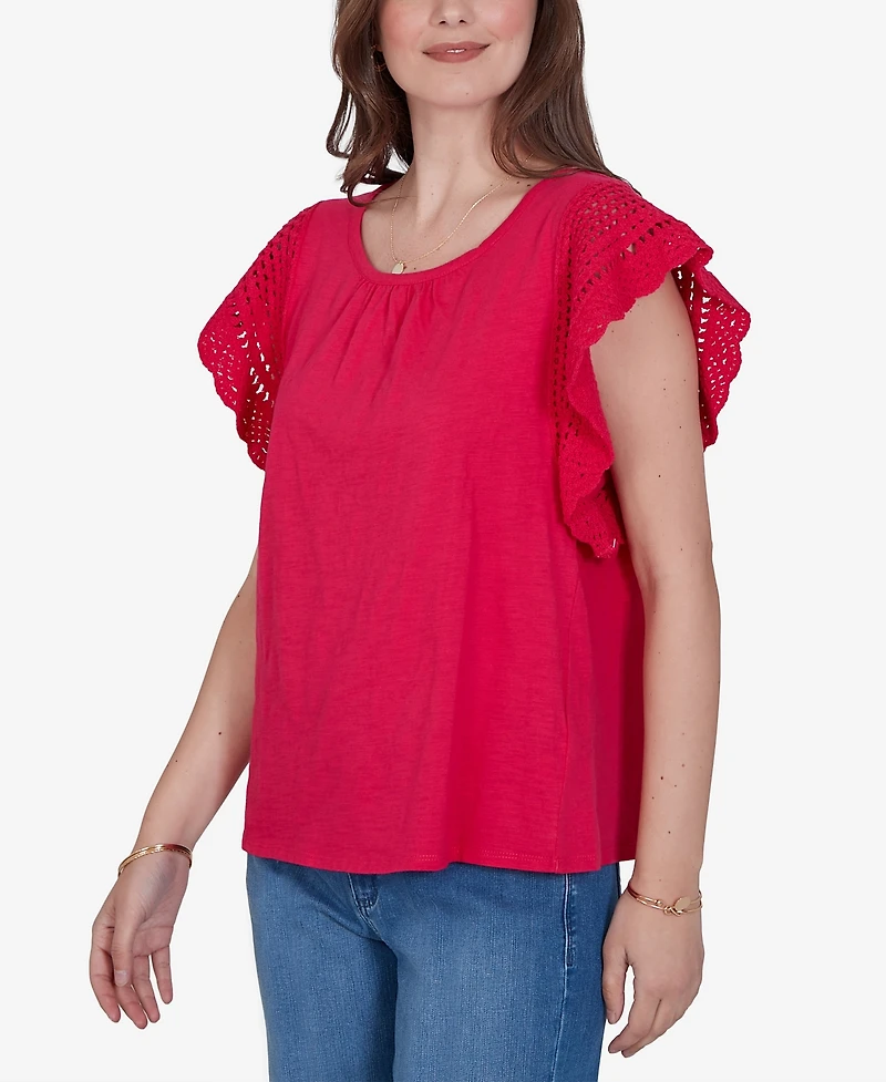 Ruby Rd. Petite Crochet Sleeve Solid Cotton Blouse