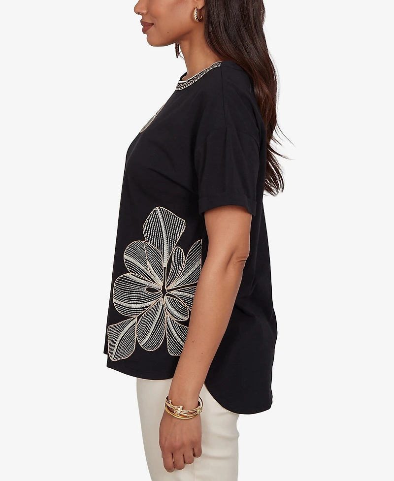 Ruby Rd. Petite Floral Noir Embroidered Knit Top