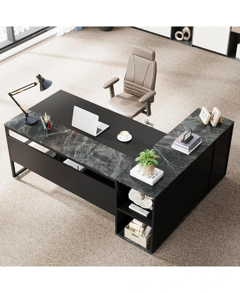 Tribesigns 71 inch Executive Desk, L Shaped Desk with Cabinet Storage, Office Shelves, Business Furniture Set Workstation