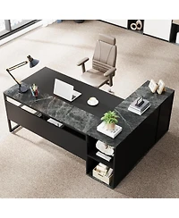 Tribesigns 71 inch Executive Desk, L Shaped Desk with Cabinet Storage, Office Shelves, Business Furniture Set Workstation