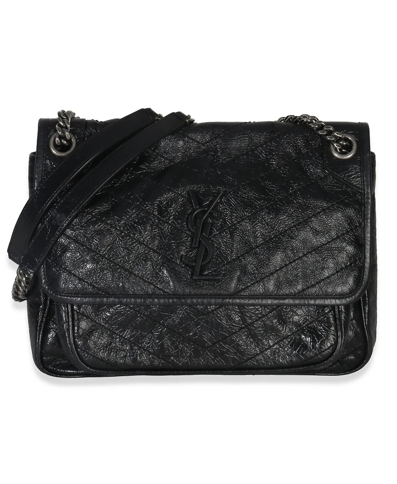 Pre-Owned Saint Laurent Black Crinkled Calfskin Matelasse Medium Niki Chain Satchel